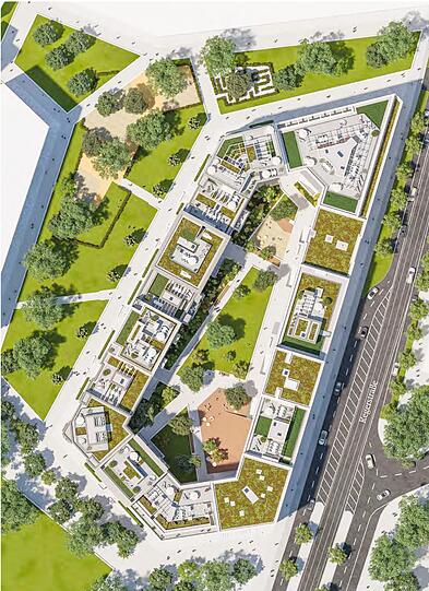 Der Block entlang der Regerstraße (rechts): Zur Straße hin werden einmal geförderte Wohnungen sein. Nach hinten entstehen die teuren Eigentumswohnungen.