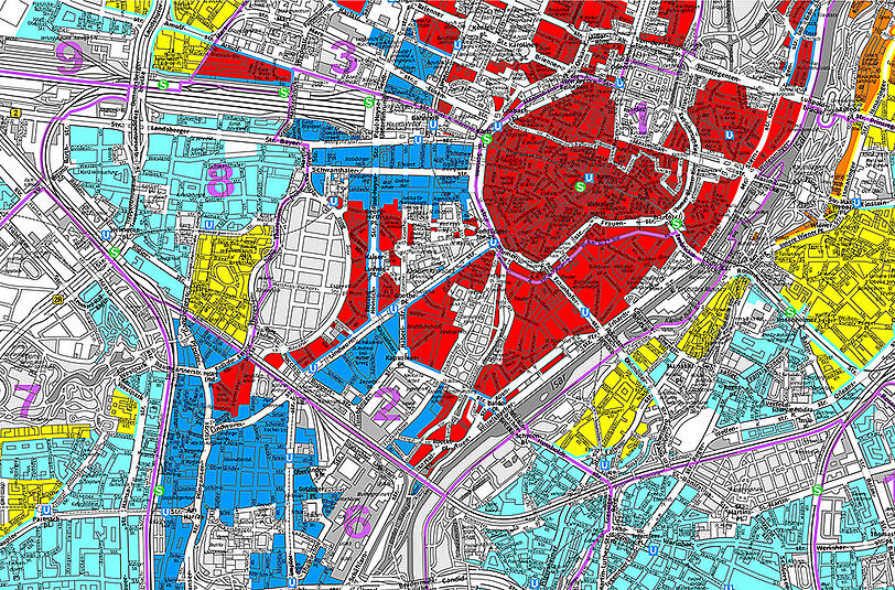 Top-Lage Innenstadt: In den rot eingefärbten Bereichen wird's am teuersten. Was die anderen Farben bedeuten und wie es in Ihrem Viertel aussieht, können Sie unten in den Kartenteilen nachprüfen.