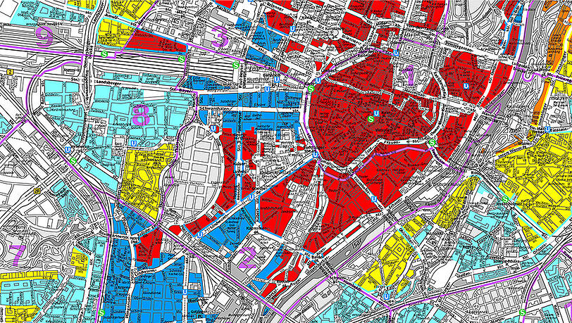 Top-Lage Innenstadt: In den rot eingefärbten Bereichen wird's am teuersten. Was die anderen Farben bedeuten und wie es in Ihrem Viertel aussieht, können Sie unten in den Kartenteilen nachprüfen. Top-Lage Innenstadt: In den rot eingefärbten Bereichen wird's am teuersten. Was die anderen Farben bedeuten und wie es in Ihrem Viertel aussieht, können Sie unten in den Kartenteilen nachprüfen.