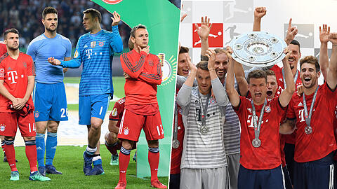 Links: Enttäuschte Bayern nach dem verlorenen Pokal-Finale. Rechts: Jubelnde Bayern mit der Meisterschale.