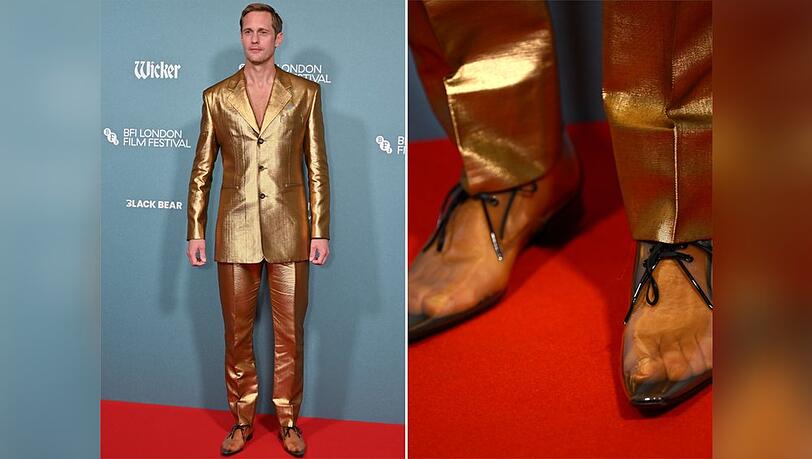 Alexander Skarsgård in goldenem Anzug und transparenten Schuhen. Alexander Skarsgård in goldenem Anzug und transparenten Schuhen.