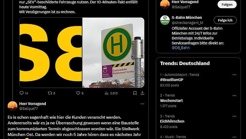 X-User "Salque77" findet deutliche Worte für das S-bahn-Chaos am Montagmorgen (4. November). X-User "Salque77" findet deutliche Worte für das S-bahn-Chaos am Montagmorgen (4. November).
