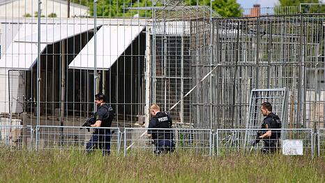 Polizisten sichern das Gel&auml;nde nach dem Ausbruch eines Tigers aus einer privaten Haltung.
