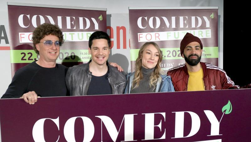 Die Comedians Atze Schröder, Alan Frei, Jacqueline Feldmann und Benaissa Lamroubal (l-r) stellten das Projekt "Comedy for Future" vor. Die Comedians Atze Schröder, Alan Frei, Jacqueline Feldmann und Benaissa Lamroubal (l-r) stellten das Projekt "Comedy for Future" vor.