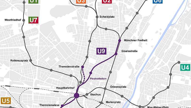 Das lila markierte Stück wäre die komplett neu gebaute Strecke der U9. Die gestrichelte Linie wäre eine Spange, die die U9 mit dem Bahnhof Theresienstraße und damit der U2 verbinden würde. Das lila markierte Stück wäre die komplett neu gebaute Strecke der U9. Die gestrichelte Linie wäre eine Spange, die die U9 mit dem Bahnhof Theresienstraße und damit der U2 verbinden würde.