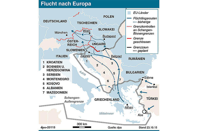 Flucht nach Europa: Diese Grafik zeigt, auf welchen Wegen die Flüchtlinge nach Deutschland kommen. Die serbische Grenzstadt Presevo liegt in etwa dort, wo der rote Kreis eingezeichnet ist.