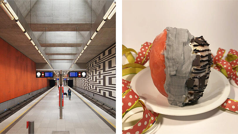 "Dunkle Schokolade trifft orange-roten Fondant: Unser Bahnhof Oberwiesenfeld steht Kopf! Wir haben ihn mit steingrauer Bahnsteig-Creme und Schokoplättchen verziert..."