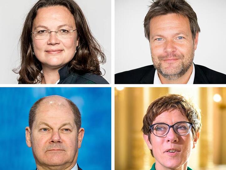 Die Bildkombo zeigt Andrea Nahles (SPD), Robert Habeck (Bündnis 90/Die Grünen), Olaf Scholz (SPD) und Annegret Kramp-Karrenbauer (CDU).