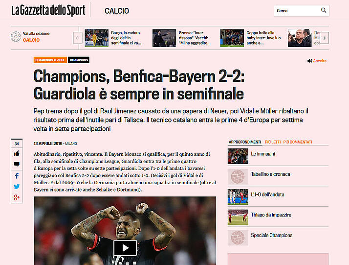gazzetta.it (Italien): "Bayern - Benfica: 2-2: Guardiola immer im Halbfinale"