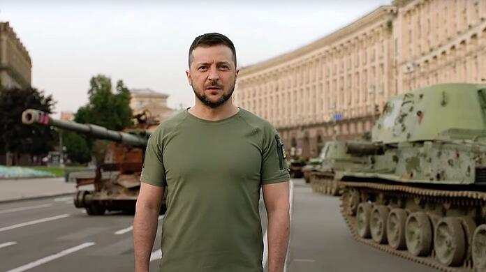 Präsident Wolodymyr Selenskyj während seiner Rede in Kiew zum Unabhängigkeitstag der Ukraine.