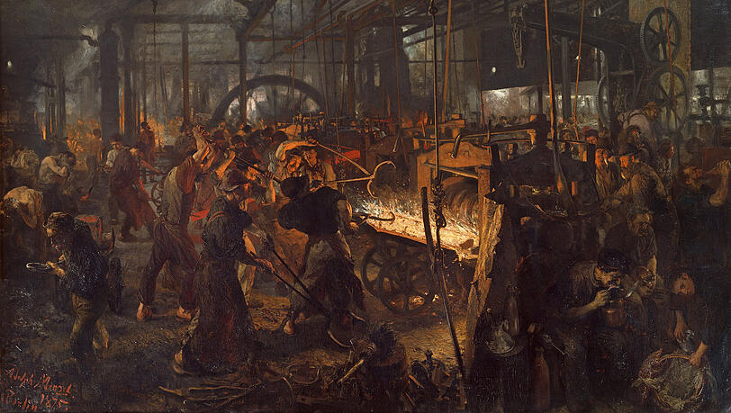 Eine Gesellschaft kann nur in Frieden leben, wenn Politik verhindert, dass Teile der Gesellschaft abgehängt sind von sicherer Arbeit, allgemeiner Gesundheitsversorgung und Bildung. In der Gründerzeit malte Adolph von Menzel 1875 sein hartes und doch auch leicht verklärendes Bild "Eisenwalzwerk – Moderne Zyklopen". Eine Gesellschaft kann nur in Frieden leben, wenn Politik verhindert, dass Teile der Gesellschaft abgehängt sind von sicherer Arbeit, allgemeiner Gesundheitsversorgung und Bildung. In der Gründerzeit malte Adolph von Menzel 1875 sein hartes und doch auch leicht verklärendes Bild "Eisenwalzwerk – Moderne Zyklopen".
