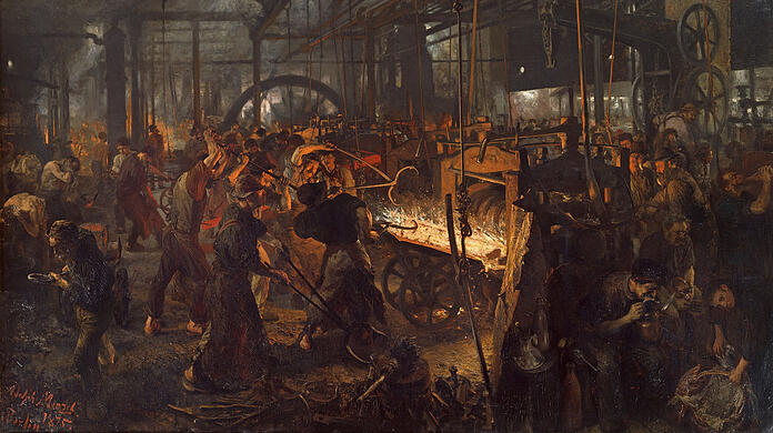 Eine Gesellschaft kann nur in Frieden leben, wenn Politik verhindert, dass Teile der Gesellschaft abgehängt sind von sicherer Arbeit, allgemeiner Gesundheitsversorgung und Bildung. In der Gründerzeit malte Adolph von Menzel 1875 sein hartes und doch auch leicht verklärendes Bild "Eisenwalzwerk – Moderne Zyklopen".