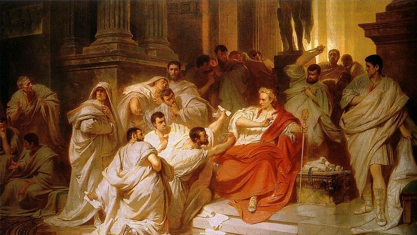 „Die Ermordung Caesars“, ein Historiengemälde von Carl Theodor von Piloty (1865). „Die Ermordung Caesars“, ein Historiengemälde von Carl Theodor von Piloty (1865).
