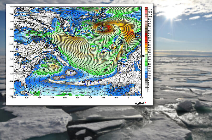 Das GFS-Modell zeigt den gigantischen Wintersturm über Island, der dem Nordpol Temperaturen von über 50 Grad über Normal bescheren soll.