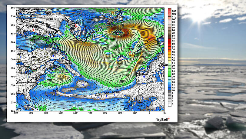 Das GFS-Modell zeigt den gigantischen Wintersturm über Island, der dem Nordpol Temperaturen von über 50 Grad über Normal bescheren soll. Das GFS-Modell zeigt den gigantischen Wintersturm über Island, der dem Nordpol Temperaturen von über 50 Grad über Normal bescheren soll.