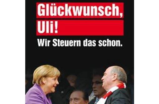 Angela Merkel und Uli Hoeneß während des Champions-League-Finales zwischen dem FC Bayern und Borussia Dortmund (2:1) im Londoner Wembley-Stadion. Die Jungsozialen nahmen dieses Foto nun für eine Kampagne her.