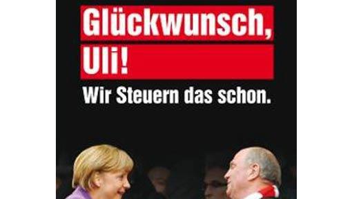 Angela Merkel und Uli Hoeneß während des Champions-League-Finales zwischen dem FC Bayern und Borussia Dortmund (2:1) im Londoner Wembley-Stadion. Die Jungsozialen nahmen dieses Foto nun für eine Kampagne her. Angela Merkel und Uli Hoeneß während des Champions-League-Finales zwischen dem FC Bayern und Borussia Dortmund (2:1) im Londoner Wembley-Stadion. Die Jungsozialen nahmen dieses Foto nun für eine Kampagne her.