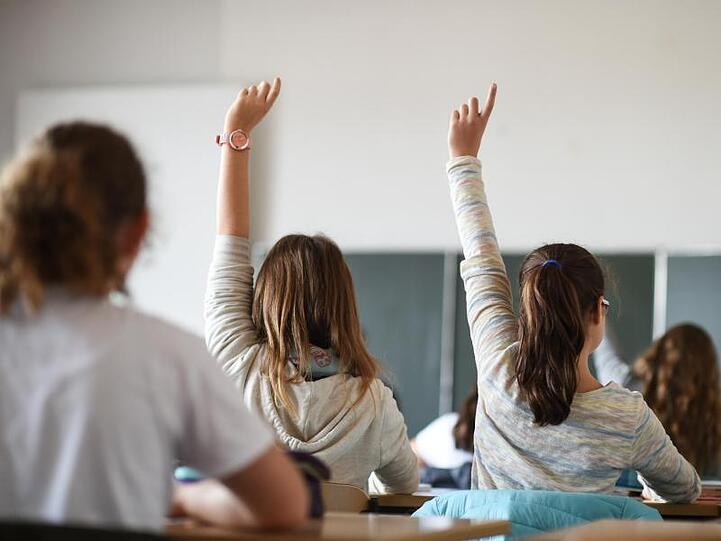 Schüler einer siebenten Klasse melden sich während des Deutschunterrichts.