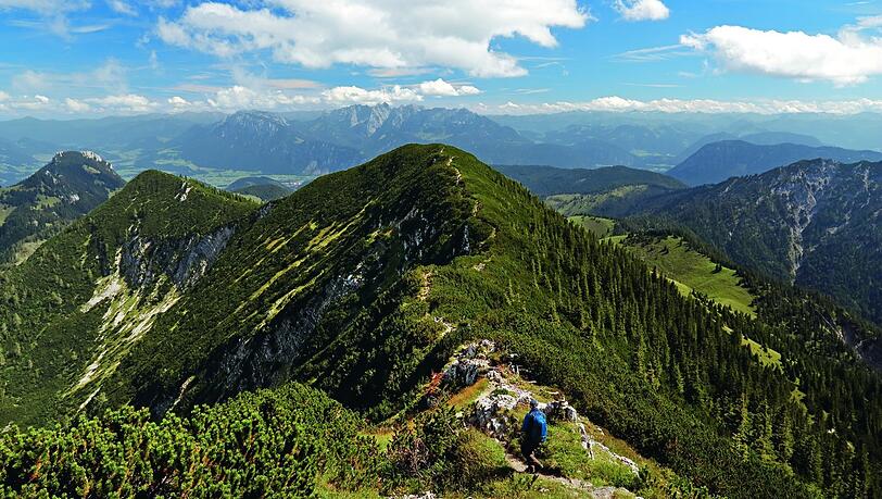 Oben auf dem Kamm. In Verlängerung des Unterberger Jochs ist hinten der Wilde Kaiser zu erkennen. Oben auf dem Kamm. In Verlängerung des Unterberger Jochs ist hinten der Wilde Kaiser zu erkennen.