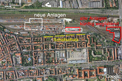 Überblick über den Containerbahnhof in Gostenhof: Die geplante Werkstatt (links) und die neue Innenreinigung (Mitte) sind weiß eingezeichnet. Rot sind die alte Werkstatt (ganz rechts) und die alte Innenreinigung (Mitte) markiert. Die Wohnblöcke zwischen Preißlerstraße und Feuerleinstraße, die Lärmschutzmaßnahmen bekommen, sind gelb markiert.