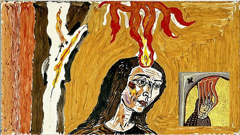 Alexander Kluge hat die Manuskripte der Hildegard von Bingen in die heutige mediale Welt geholt. Hier eine Vision mit Flammen, die Kluge durch die Mühlen der Künstlichen Intelligenz geschickt hat. Alexander Kluge hat die Manuskripte der Hildegard von Bingen in die heutige mediale Welt geholt. Hier eine Vision mit Flammen, die Kluge durch die Mühlen der Künstlichen Intelligenz geschickt hat.
