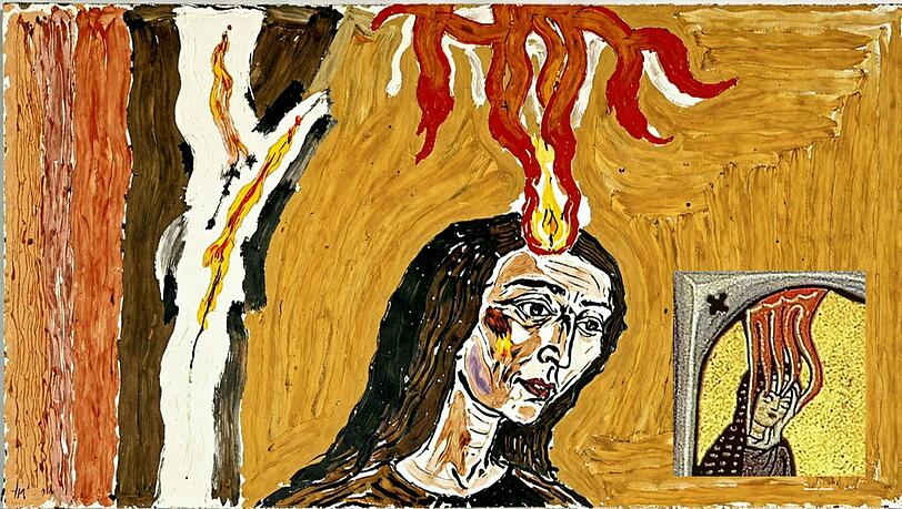 Alexander Kluge hat die Manuskripte der Hildegard von Bingen in die heutige mediale Welt geholt. Hier eine Vision mit Flammen, die Kluge durch die Mühlen der Künstlichen Intelligenz geschickt hat. Alexander Kluge hat die Manuskripte der Hildegard von Bingen in die heutige mediale Welt geholt. Hier eine Vision mit Flammen, die Kluge durch die Mühlen der Künstlichen Intelligenz geschickt hat.