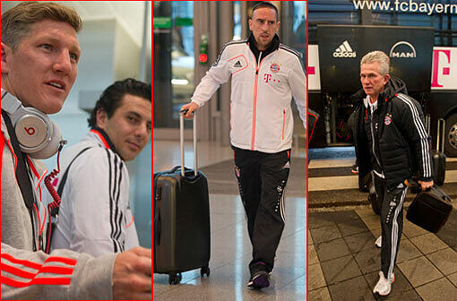 Die Spieler des FC Bayern am Münchner Flughafen. Sieben Tage werden sie in Doha schwitzen und sich auf die Rückrunde vorbereiten.