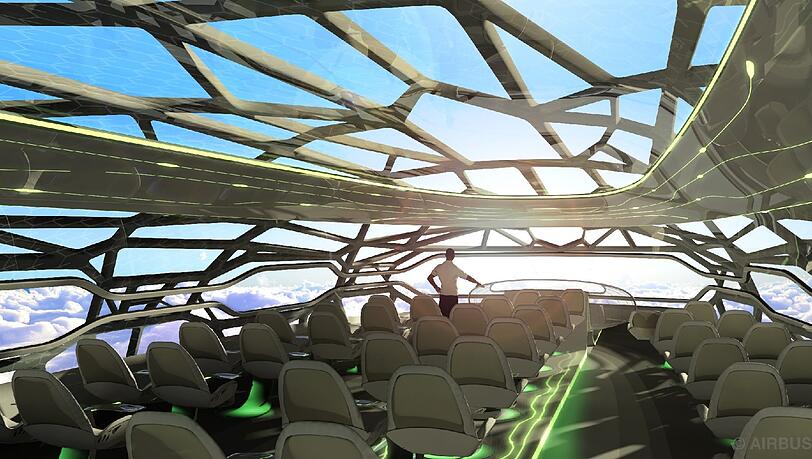Fliegen mit himmlischem Rundum-Blick : Was wirkt wie aus einem James-Cameron-Film, haben sich Airbus-Ingenieure ausgemalt. Für das Jahr 2050. Fliegen mit himmlischem Rundum-Blick : Was wirkt wie aus einem James-Cameron-Film, haben sich Airbus-Ingenieure ausgemalt. Für das Jahr 2050.