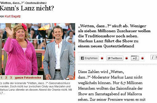 Auf "tagesspiegel.de" heißt es: "&bdquo;Wetten, dass..?&ldquo; säuft ab. Weniger als sieben Millionen Zuschauer wollen die Traditionsshow noch sehen. Markus Lanz führt die Show zu einem neuen Quotentiefstand."