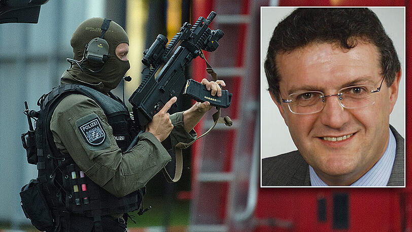 Einer der Polizisten, der am OEZ im Einsatz war. Kleines Bild: Hermann Benker ist bayerischer Landeschef der Deutschen Polizeigewerkschaft (DPolG). Einer der Polizisten, der am OEZ im Einsatz war. Kleines Bild: Hermann Benker ist bayerischer Landeschef der Deutschen Polizeigewerkschaft (DPolG).