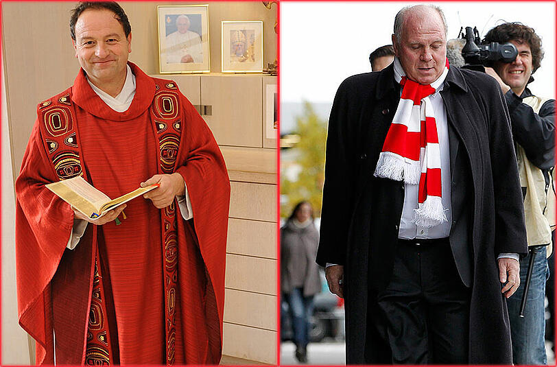 Rainer Maria Schießler, Pfarrer von St. Maximilian (l.) und Uli Hoeneß (r.).
