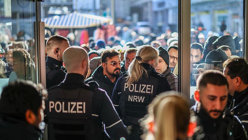 Polizeieinsatz an der Sparkassenfiliale in Gelsenkirchen-Buer. Eine gro&szlig;e Menschenmenge versammelte sich vor der Filiale.