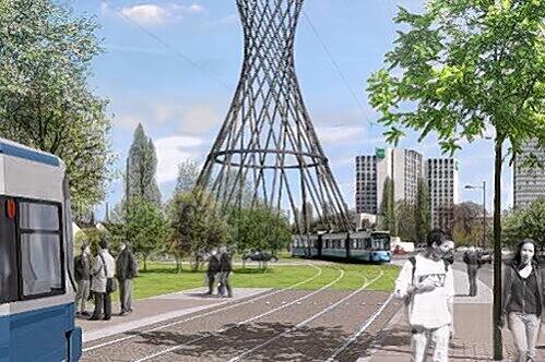 Ein Blick auf den Effnerplatz, wenn die künftige Tram nach St. Emmeram fertig sein wird. Die Bahn fährt dabei unter dem Kunstwerk Mae West durch.