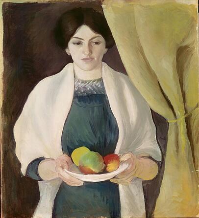 Das "Portrait mit Äpfeln" von 1909 ist vielleicht das schönste Bild, das August Macke von seiner damals schwangeren Frau Lisbeth gemalt hat. Das "Portrait mit Äpfeln" von 1909 ist vielleicht das schönste Bild, das August Macke von seiner damals schwangeren Frau Lisbeth gemalt hat.
