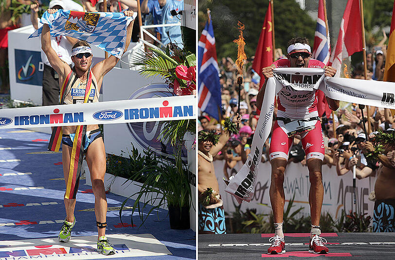 Faris Al-Sultan (links) gewann am 15. Oktober 2005 in 8:14:17 Stunden den Ironman auf Hawaii, Jan Frodeno (rechts) siegte in der Nacht zum Sonntag in 8:06:30 Stunden.
