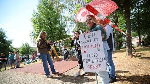 Demonstranten protestierten unter anderem mit einem Plakat, auf dem "Der Wald brennt und Friedrich pennt" stand.