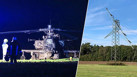 Der Kampfhubschrauber touchierte den Hochspannungsmasten. Der Apache musste notlanden.