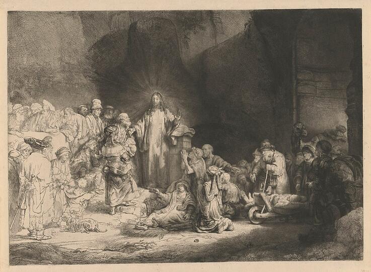 Das schon zu Lebzeiten Rembrandts wertvolle &bdquo;Hundertguldenblatt&ldquo; (Der predigende Christus), um 1648.
