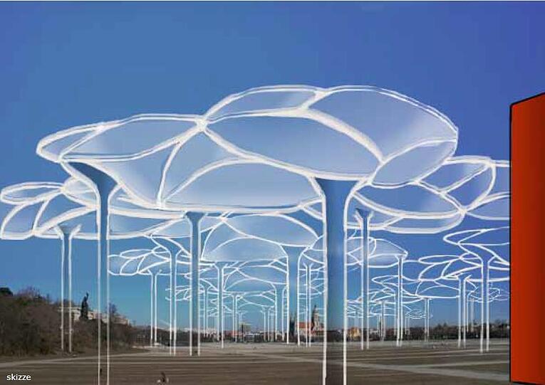 "Ein Himmel aus Wolken wie der der Bayern", heißt es von "niki szilagyi interior architecture". Eine pneumatische Luftkissen-Konstruktion bildet "einen lebendigen Horizont" und dient als "Projektionsfläche". Tagsüber und...