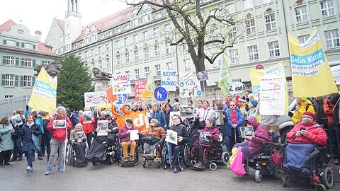 "Braucht's jetzt einen Fuß-Entscheid?", fragt eines der Demo-Schilder. Viele bringen auch Fotos von zugeparkten Gehsteigen mit zur Ettstraße, um zu zeigen, vor welch schwierigen Situationen sie im Alltag stehen – gerade auch, wenn man mit Rollstuhl unterwegs ist.