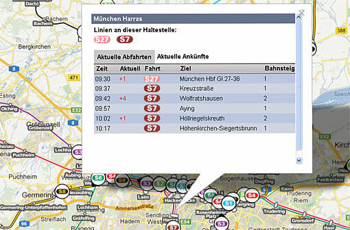 Wann kommt mein Zug an? Beim S-Bahn-Navi kann man auch die Bahnhöfe anklicken. Ein Beispiel (r.): Sie stehen am Harras. Sie klicken auf den Bahnhof. In einem Feld erscheinen die Linien, die hier halten, aktuelle Abfahrten jeder Linie samt Bahnsteig und Richtung und Pünktlichkeit jedes Zuges &ndash; das Gleiche gibt es auch für alle aktuellen Ankünfte.