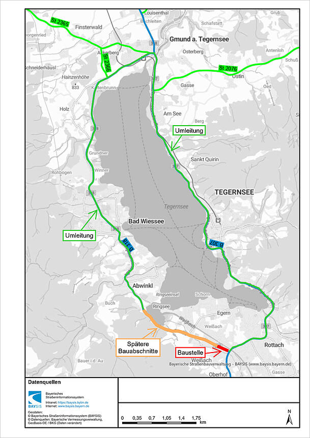 Sperrung an der Bundesstraße B318. An der roten Stelle wird gebaut, die Umleitung erfolgt um den See. Sperrung an der Bundesstraße B318. An der roten Stelle wird gebaut, die Umleitung erfolgt um den See.