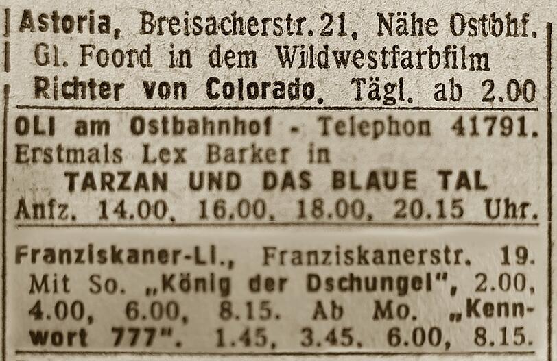 Kinowerbung aus der Süddeutschen Zeitung Ende der 1950er Jahre.