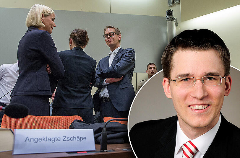 Beate Zschäpe (2.v.l.) zwischen ihren Anwälten Anja Sturm (l.) und Wolfgang Heer. Jetzt kommt noch jemand hinzu: Rechtsanwalt Mathias Grasel (r. 30)