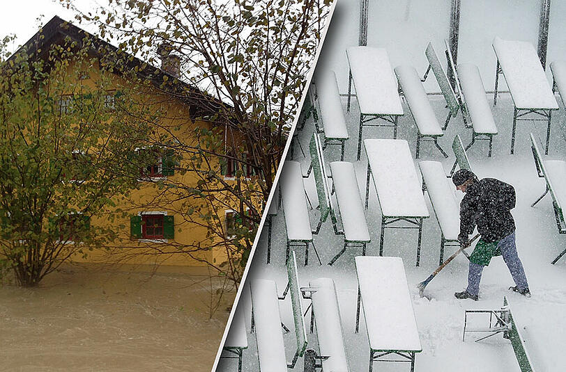 Hochwasser in Riedering - Schneeschippen im Biergarten.
