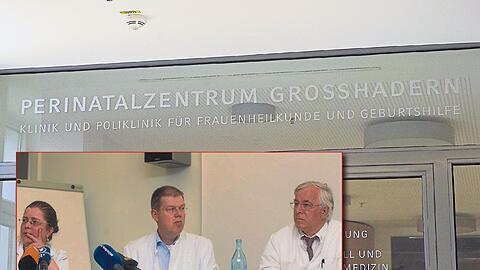Das Perinatalzentrum im Klinikum Großhadern: Hier geschahen die unfassbaren Mordversuche auf die werdenden Mütter. Kleines Bild: Betretene Gesichter: Hebamme Heike Wolff, Dr. Uwe Hasbargen und Prof. Karl-Walter Jauch.