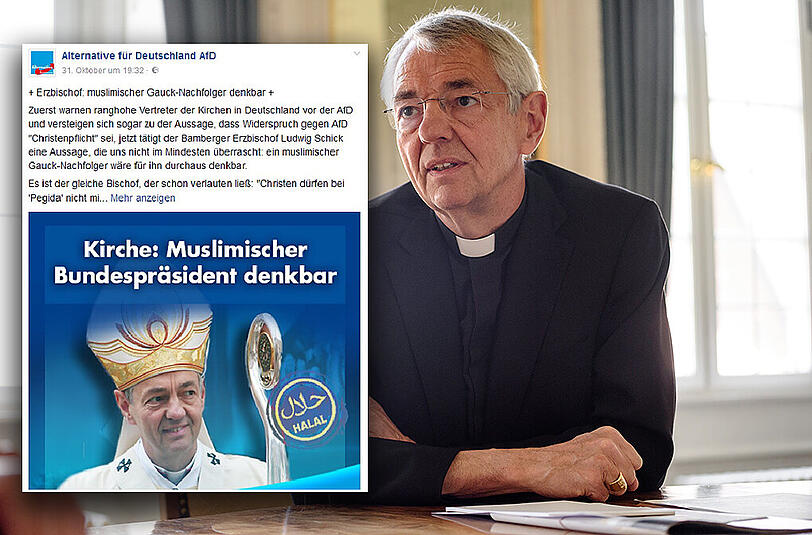 Der Bamberger Erzbischo Ludwig Schick. Im kleinen Bild: Der Facebook-Post der AfD.