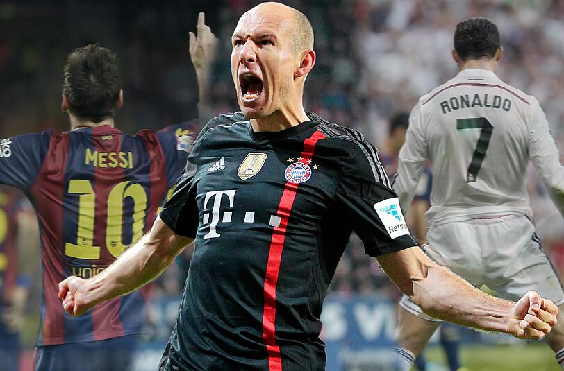 Lionel Messi (l.) und Cristiano Ronaldo (r.) stehen beide unter den Top3 der Fifa-Wahl zum Weltfußballer. Ohne Robben (Mitte).