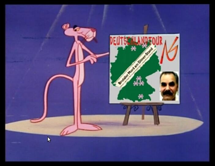 Der Screenshot zeigt einen Ausschnitt aus dem Video des Nationalsozialistischen Untegrundes (NSU): In dem Film mit der Trickfilmfigur "Paulchen Panther" werden Fotos der Mordopfer der vergangenen Jahre gezeigt, zu denen sich die Terrorgruppe bekannte.