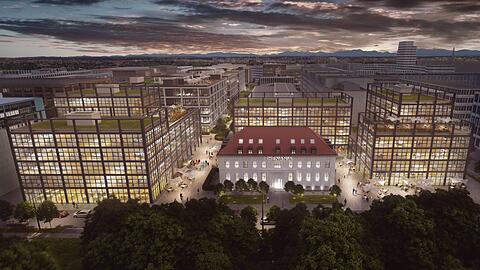 Die Rhenania-Villa steht inmitten von kantigen Neubauten. 110.000 Quadratmeter Geschossfläche wird hier neu hochgezogen.